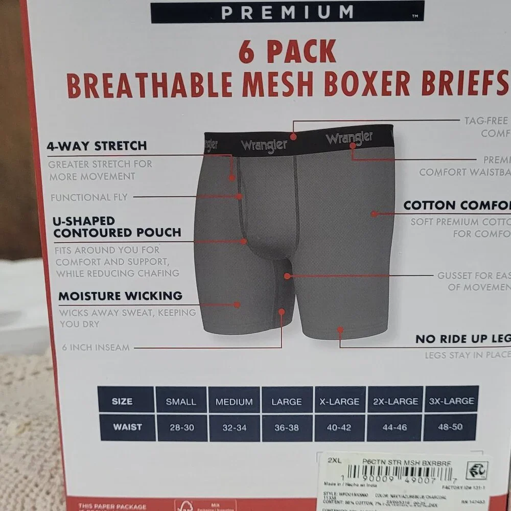 NEW-Wrangler‎ 6 packMen's Boxer Briefs Cotton Stretch Black, Gray 2XL